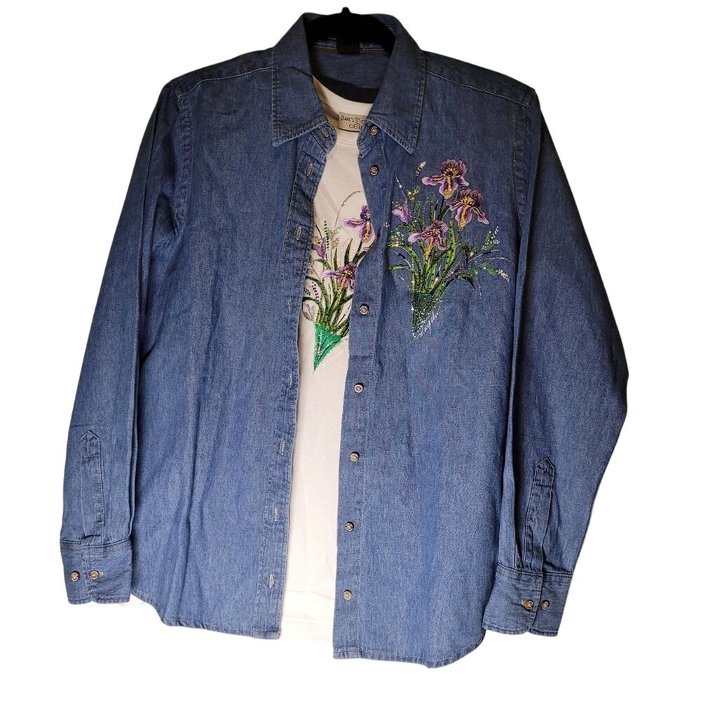 Harriton Blue Denim Embroidered Sparkly Floral Long Sleeve Shirt & Matching Top